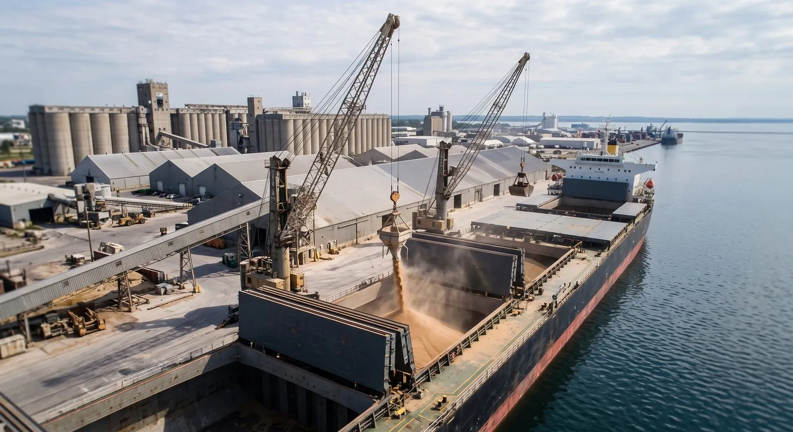 Dry-bulk carrier loading cargo at a grain terminal.